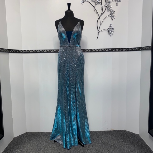 Turquoise Metallic Fit & Flare Formal Long Dress